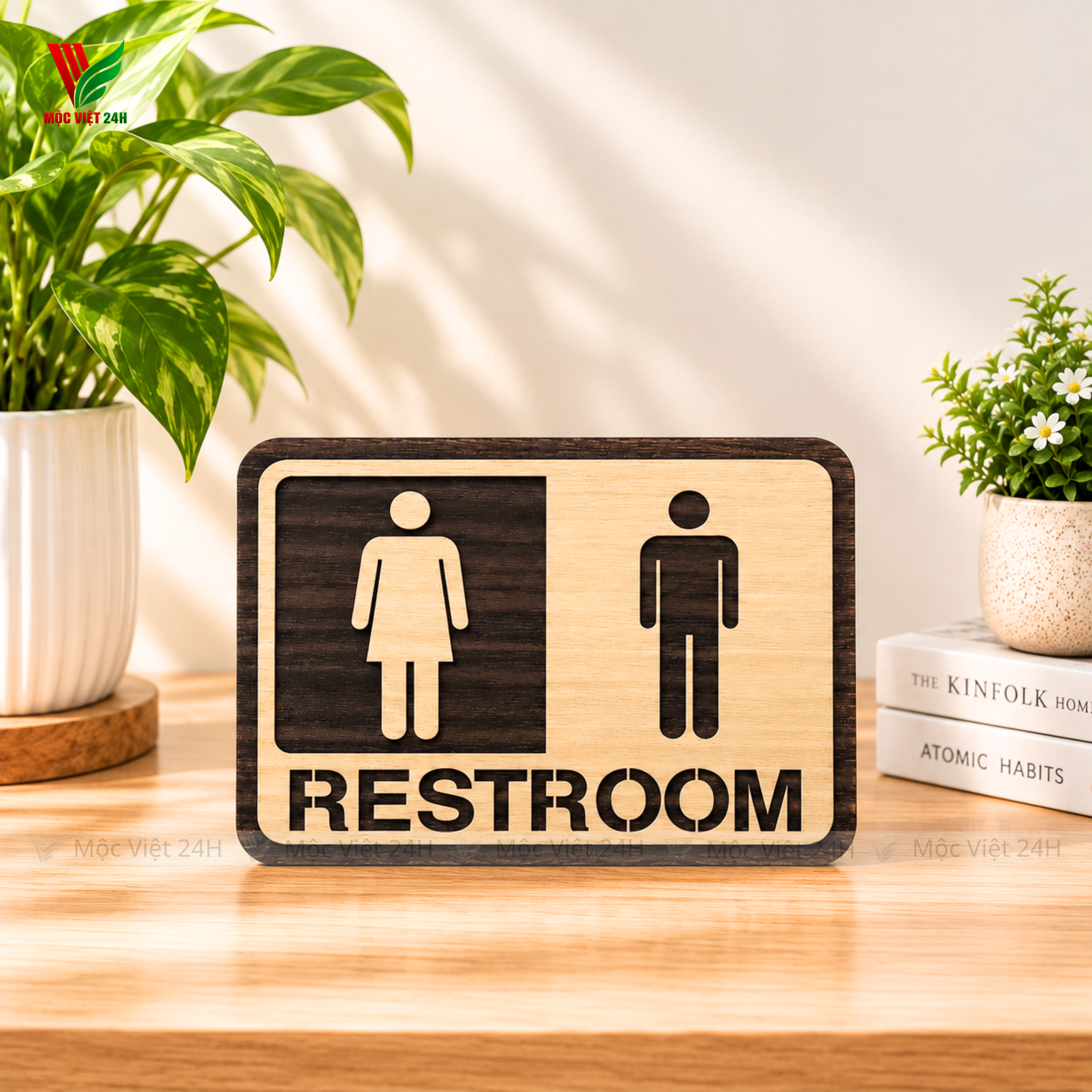 Bảng Restroom Gỗ Dán Tường Cửa Nhà Vệ Sinh - MV002